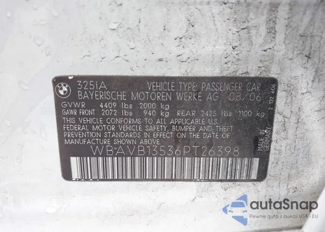 2006 BMW 325I from USA, damaged, VIN WBAVB13536PT26398